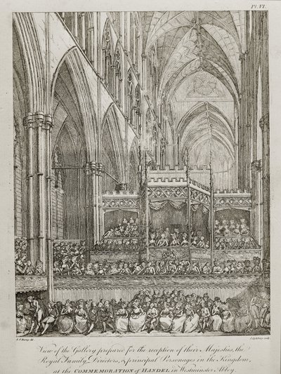 ジョージ・フレデリック・ヘンデル（1685-1759）の没後25周年記念コンサート - 両陛下をお迎えするために準備されたギャラリーの様子 作： John Spilsbury