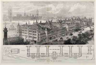 1871年の先週水曜日に女王によって開かれた新しいセントトーマス病院（鋼の彫刻） 作： John Sulman