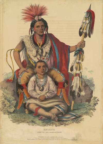 サックとキツネの首長、キーオカック、1838年（織り紙に手描きのリトグラフ） 作： John T. Bowen