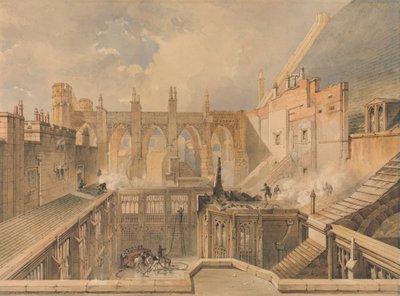 1834 年 10 月 16 日の火事の翌朝の国会議事堂、聖シュテファン礼拝堂の遺跡の眺め 作： John Taylor Jr.