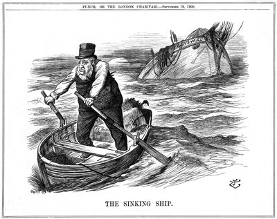 (Stephanus Johannes) Paulus Kruger (1825-1904) Oom Paulとして知られる。南アフリカの政治家。第二次ボーア戦争（1899-1900）では、ゲリラ戦に対応できないほど高齢で体調を崩し、オランダに亡命した。ジョン・テニエルの漫画、「パンチ」より 作： John Tenniel