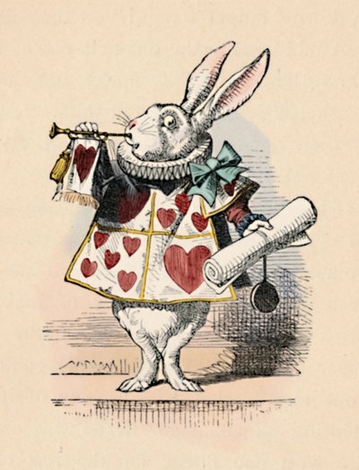 1889年の発表のためにトランペットを吹く裁判所の役人としてのウサギ 作： John Tenniel