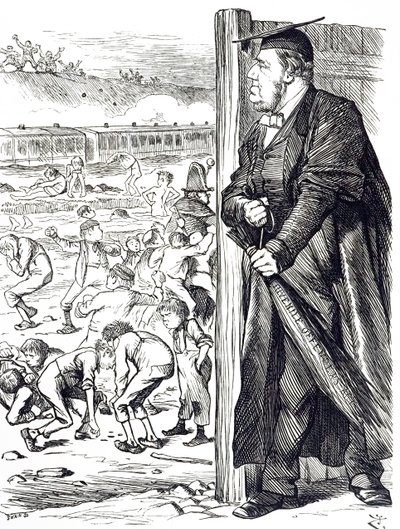 内務大臣だったウィリアム・バーノン・ハーコート（1827-1904）が、少年犯罪者の勾留の代わりに樺太の導入を推奨した様子を描いた漫画。絵を描いたのはジョン・テニエル（1820-1914）で、イギリスのイラストレーターであり、グラフィック・ユーモア作家でもあります。 作： John Tenniel