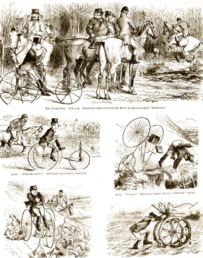 三輪車に乗って狩りをしている男を描いた漫画。ジョン・テニエル（1820-1914）が描いたもので、イギリスのイラストレーター、グラフィック・ユーモリスト、政治漫画家である。 作： John Tenniel