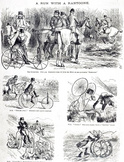 三輪車に乗って狩りをしている男を描いた漫画。ジョン・テニエル（1820-1914）が描いたもので、イギリスのイラストレーター、グラフィック・ユーモリスト、政治漫画家である。 作： John Tenniel