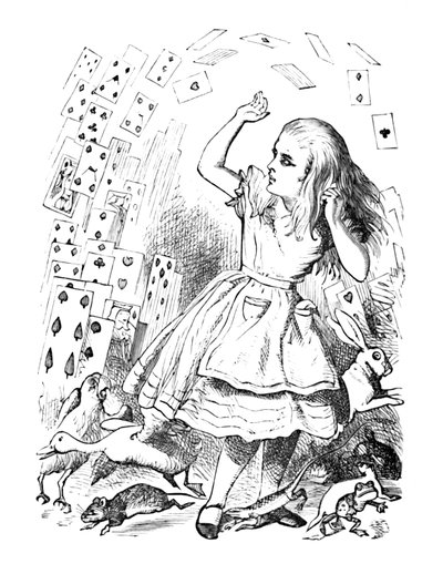 1889年のアリスの上空を飛ぶカードのパック 作： John Tenniel