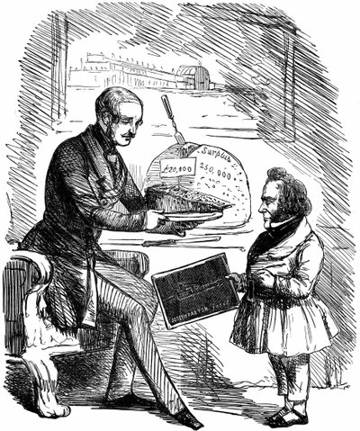 1851年の万国博覧会の余剰資金から2万ポンドの「ソリッド・プディング」をクリスタル・パレスの設計者であるジョセフ・パクストンに手渡すヴィクトリア女王のプリンス・コンソート、アルバート（ロンドン、ハイド・パーク）。ジョン・テニエルの漫画（『パンチ』より）。木版画 作： John Tenniel