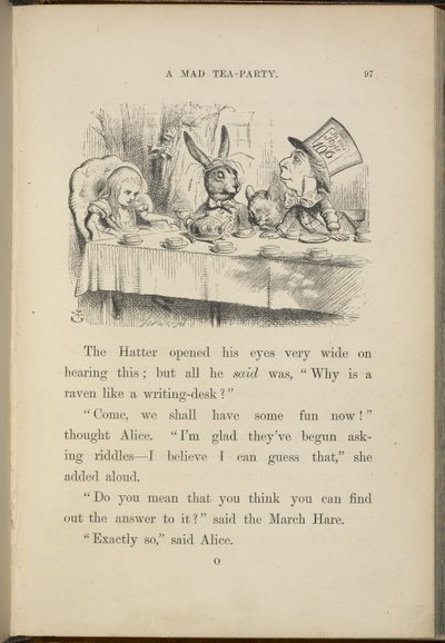 マッドハッターのお茶会でのアリス。 作： John Tenniel