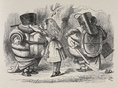 トゥィードルディーとトゥィードルダムに着せ替えをするアリス。 作： John Tenniel