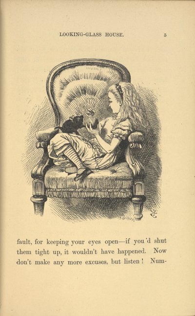 椅子に座って子猫と遊んでいるアリス。 作： John Tenniel