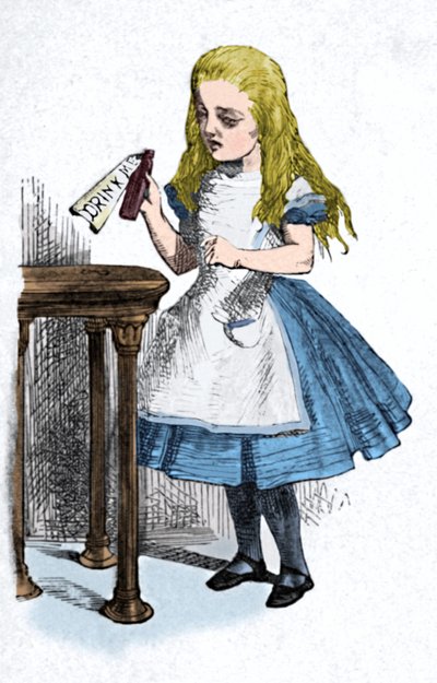 1889年の記号の付いたボトルを見るアリス 作： John Tenniel