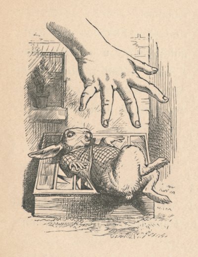 1889年、白いウサギに手を置くアリス 作： John Tenniel