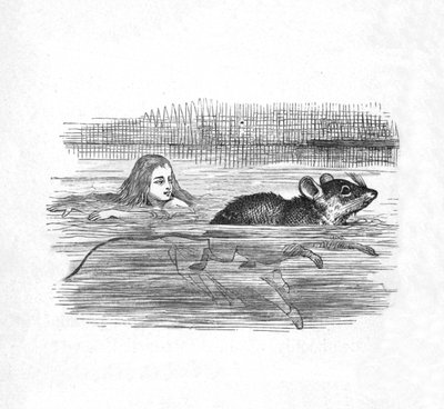 1889年、プールでマウスを使って泳ぐアリス 作： John Tenniel