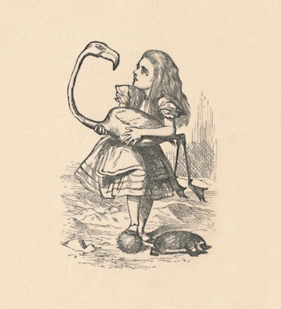 アリスはフラミンゴを木槌としてクロケットを演奏しようとします、1889 作： John Tenniel