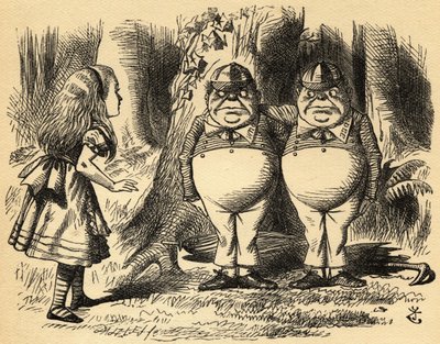 Alice with Tweedledum and Tweedledee.イラスト：Sir John Tenniel 作： John Tenniel