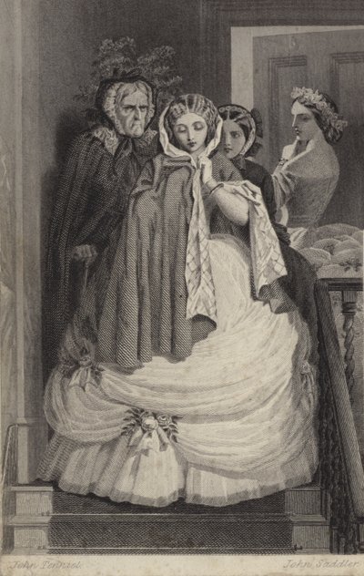 階段を降りてパーティーの服を着た美しい少女 作： John Tenniel