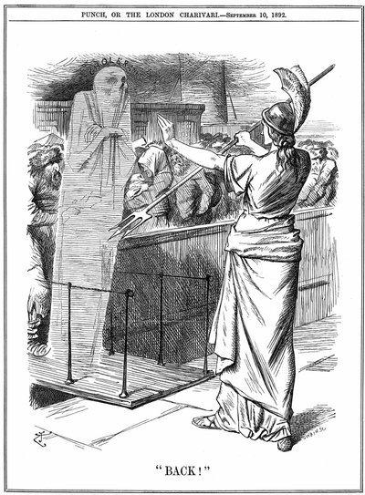イギリスの港でコレラを食い止めるブリタニア。1892年の大流行では、ロシアで約26万人、ハンブルクで約7600人が死亡した。英国での流行は阻止された。ジョン・テニエルの漫画（1892年9月10日『パンチ・ロンドン』より 作： John Tenniel