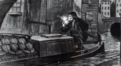 ロンドンのリージェント運河で火薬を積んだ船が破壊された事件を受けて、ジョン・テニエルが、火薬の取り扱いや輸送に関する安全規制を議会に導入すべきだと訴えたキャンペーン漫画。絵を描いたのはジョン・テニエル（1820-1 作： John Tenniel