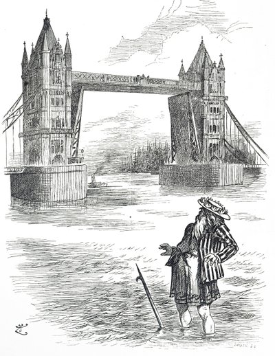 ロンドンのタワーブリッジを眺めるテムズ川の父を描いた漫画 作： John Tenniel