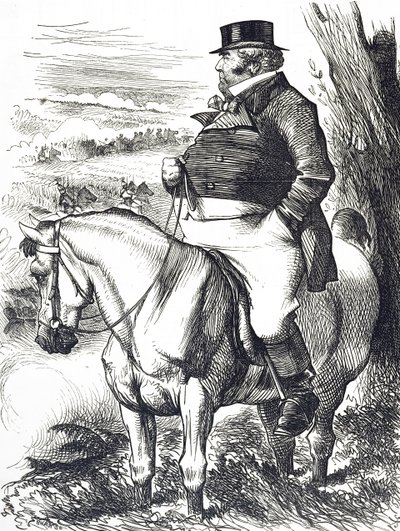 ジョン・ブルが秋の陣を見守る様子を描いた漫画 作： John Tenniel