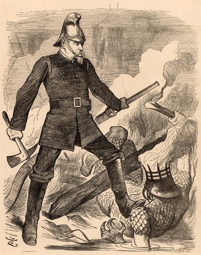 消火活動中のエア・マッセイ・ショウ（1887年8月20日付「パンチ」ロンドン版より）（彫刻 作： John Tenniel