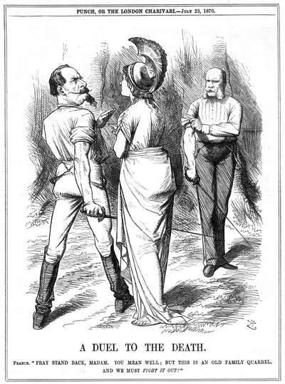 普仏戦争1870-1871。ブリタニアはナポレオン3世がドイツとの戦争に乗り出すのを抑えようとしていた。フランスの宣言は7月19日にベルリンに届けられ、7月23日には公布された。1870年7月23日、ロンドンの『パンチ』に掲載されたジョン・テニエルの漫画。エングレーヴィング 作： John Tenniel