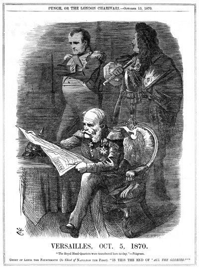 普仏戦争1870-1871。フランスの栄光の衰退を嘆くルイ14世とナポレオン1世の影。1870年10月5日、プロイセン王ウィルヘルム1世はヴェルサイユ宮殿を本拠地とし、1月18日には鏡の回廊でドイツ皇帝として宣言された 作： John Tenniel