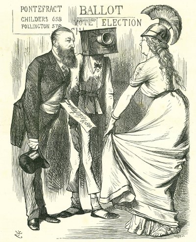 ヒュー・チルダース（1827-1896）イギリスの国会議員、新しい投票箱の成功をブリタニアに伝える。ジョン・テニエルの漫画（1872年8月24日、ロンドンの「パンチ」より 作： John Tenniel