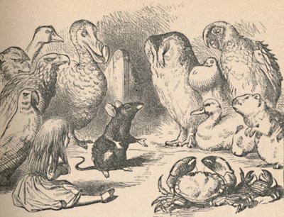 Caucus-Raceとロングテールの章のイラスト。アリスと以下のような様々な生き物 作： John Tenniel