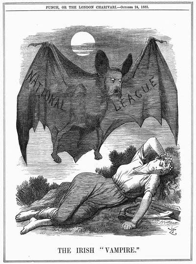 アイルランド国民連盟、チャールズ・スチュワート・パーネル（1846-1891）の顔は、アイルランドを食い物にする吸血鬼として描かれている。ジョン・テニエルの漫画、『パンチ・ロンドン』1885年10月24日号より。エングレーヴィング 作： John Tenniel