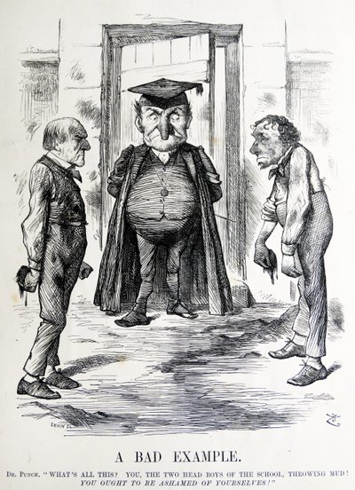 ウィリアム・エワート・グラッドストーンとベンジャミン・ディズレーリを描いた政治風刺。 作： John Tenniel