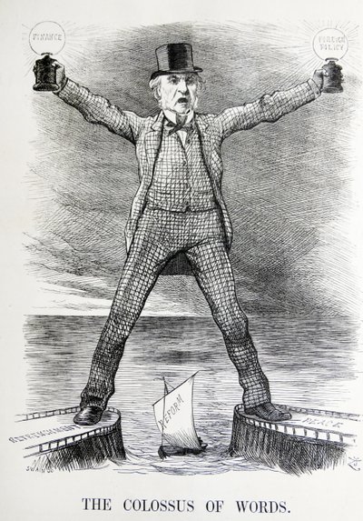 ウィリアム・エワート・グラッドストーンとベンジャミン・ディズレーリを描いた政治風刺。 作： John Tenniel
