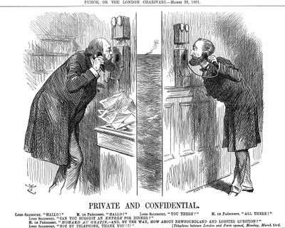 プライベートおよびコンフィデンシャル、英仏の電話回線の開設、1891年 作： John Tenniel