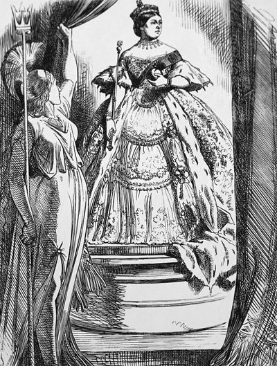 ブリタニアに促されて、長い喪に服していたヴィクトリア女王がこの世に戻ってくる。 作： John Tenniel