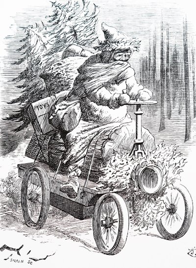 雪の中を疾走するサンタ。ジョン・テニエル（1820-1914）：イギリスのイラストレーター、グラフィック・ユーモリスト、政治漫画家 作： John Tenniel