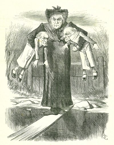 Set Down Two, and Carry One...」。議論の的となったアイルランド法案のうち、どちらを破棄するかで迷う英国首相グラッドストーン。1886年4月3日、ロンドンの『パンチ』に掲載されたジョン・テニエルの漫画。 作： John Tenniel