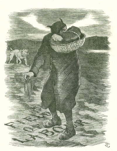 タレを蒔く。社会主義がイギリスの労働者の間で広まっていることを恐れて。1886年2月27日、ロンドンの『パンチ』に掲載されたジョン・テニエルの漫画。 作： John Tenniel