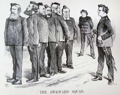 The awkward squad.ジョン・テニエルの漫画。露土戦争の方針について、内閣内で意見が分かれていたディズレーリの苦悩 作： John Tenniel