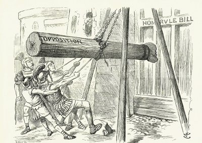 The Assault」です。リーダーのソールズベリー卿の頭を持った叩き棒で保守党の反対派から攻撃を受けるグラッドストーンの自由党の内政干渉法案。ジョン・テニエルの漫画（ロンドンの「パンチ」より 作： John Tenniel