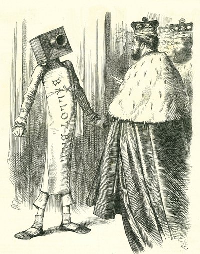 貴族院に立ちはだかる投票法案。1872年7月20日、ロンドンの「パンチ」に掲載されたジョン・テニエルの漫画。 作： John Tenniel