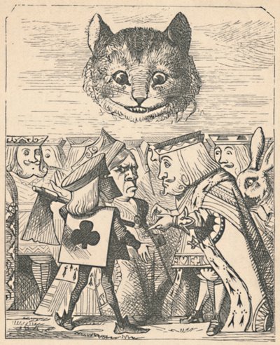 議論を交わしているレッドキングとクイーンを見下ろすチェシャ猫、1889年 作： John Tenniel