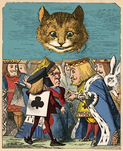 議論を交わしているレッドキングとクイーンを見下ろすチェシャ猫、1889年 作： John Tenniel