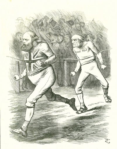 ザ・フィニッシュ1886年の総選挙。グラッドストーン（自由党）は、アイルランドの家庭内統治法案をめぐって国に乗り込んだ。ソールズベリー（保守党）がグラッドストーンを破ってゴールイン。ジョン・テニエルの漫画（ロンドンの「パンチ」より 作： John Tenniel