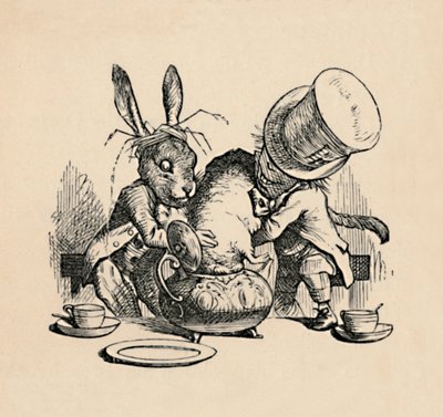 マッドハッターとマーチはヤマネを急須に入れようとしていた1889年 作： John Tenniel