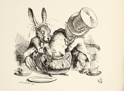 マッドハッターとマーチヘアは、ティーマウスにヤマネを入れました。 1891 作： John Tenniel