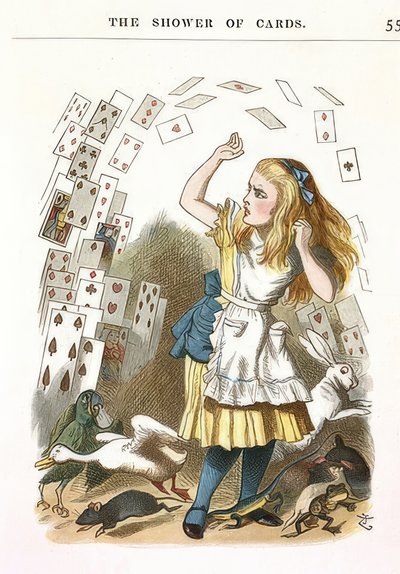 カードのシャワー。ルイス・キャロルによる不思議の国のアリスのイラスト。 1890 作： John Tenniel