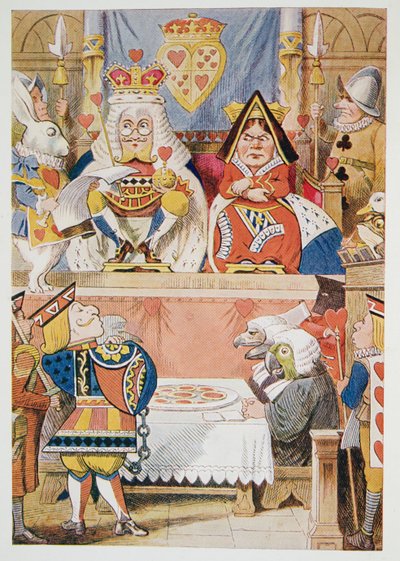 不思議の国のアリスアドベンチャーからルッキングキャロル（1832-98）による「不思議の国のアリスアドベンチャー」から「ハートのナイフの試練」が1911年に発表した（色付きのリトグラフ） 作： John Tenniel