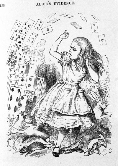 童話「不思議の国のアリス」（ルイス・キャロル著、ジョン・テニエル（1820-1914）による初版の挿絵）に登場するカード。 作： John Tenniel