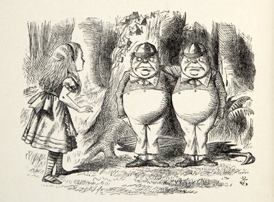 トゥウィードルダムとトゥウィードルディー、挿絵からのイラスト、ルイス・キャロル（1832-98）、1872 作： John Tenniel
