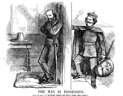 ナポリのドアをノックしたビクターエマニュエル2世、1861年 作： John Tenniel